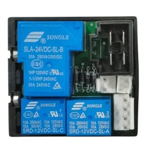 arjeta electrónica de protección con tres relés azules SONGLE, conectores eléctricos y placa de circuito impreso.